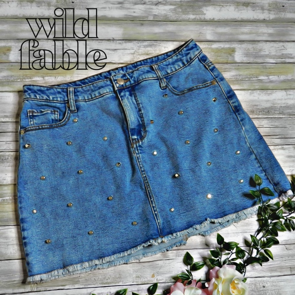 girls sz 16 studded high rise denim raw cut skirt